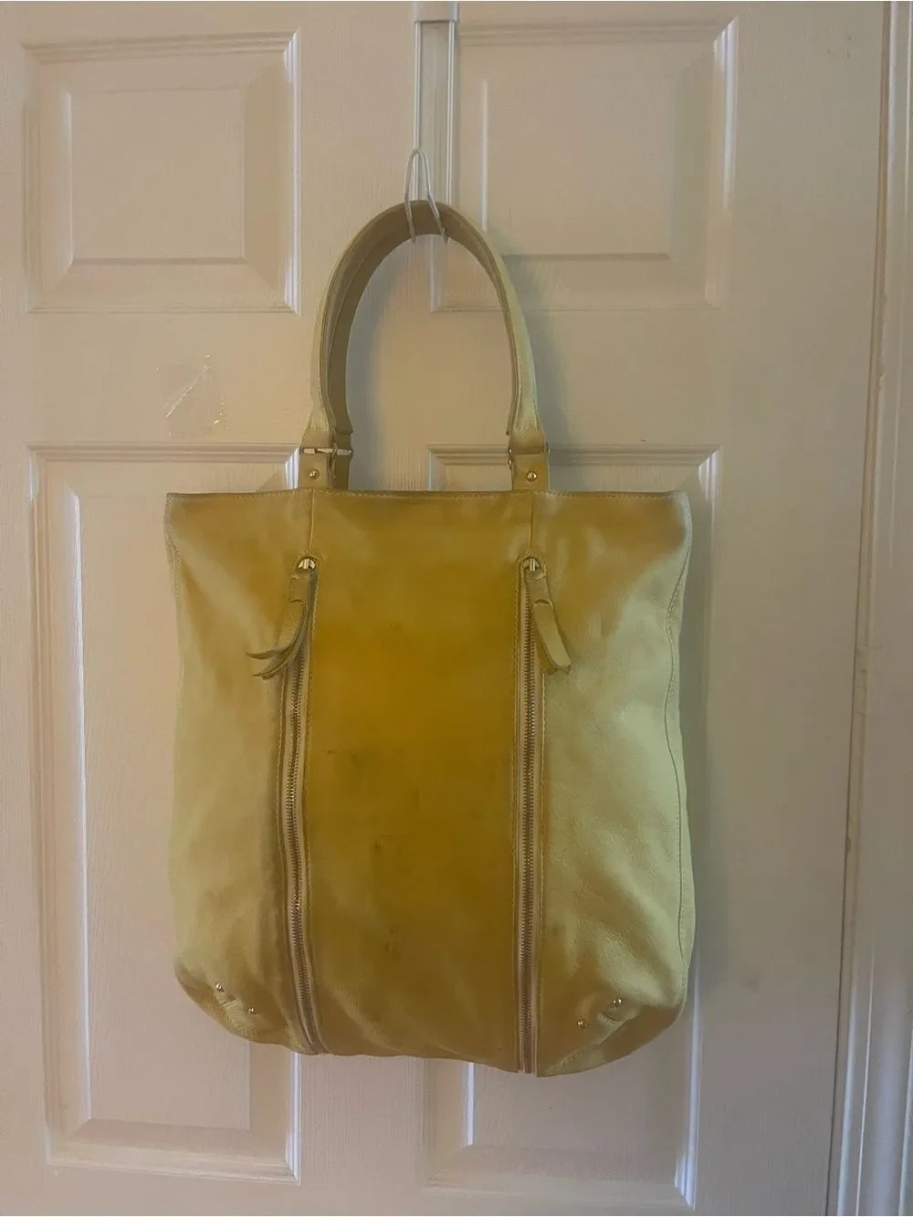 Yellow Leather Tote Bag with Front Zippers